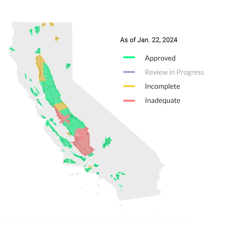 Map showing Department of Water Resources determinations for 108 groundwater basins, with 73 approved, 22 inadequate, and 13 incomplete, as of January 22, 2024.